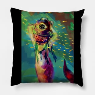 Mermay Mermaid stuck in a deepsea diver helmet undersea underwater fantasy art Pillow