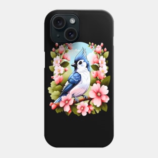 Cute Tufted Titmouse Surrounded by Vibrant Spring Flowers Phone Case