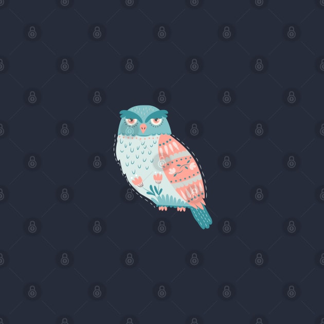 Folk Art Owl in Pink + Blue by latheandquill