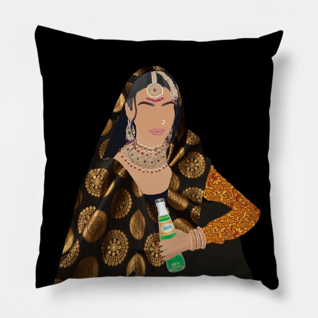 Indian Girl with nose ring and Pop Pakola Bottle Pillow by Saffronh Studio