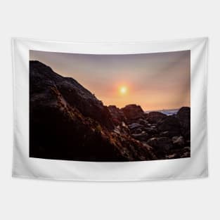 Orange Sunset and Coastal Rocks Tapestry