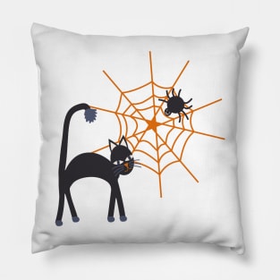 Spookily cute cats, spiders and cobwebs for Halloween in bold orange and darkest charcoal Pillow