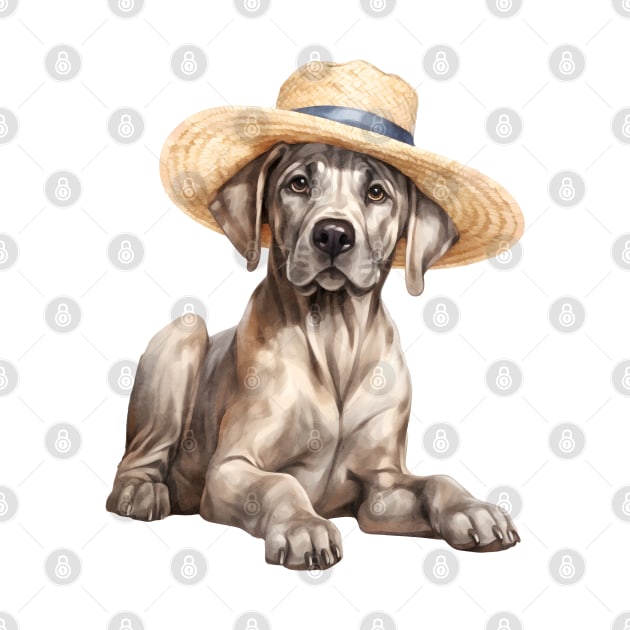 Watercolor Great Dane Dog in Straw Hat by Chromatic Fusion Studio