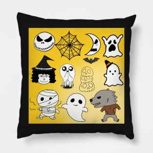 cute Halloween character, witches, ghosts, spiders, bats, werewolves, skulls, moon Pillow