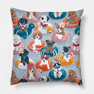 Summer pool pawty // pastel blue background dog breeds in vacations playing on swimming pool floats Pillow