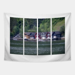 Wonderful landscapes in Norway. Vestland. Beautiful scenery of coloured houses facing the spectacular Sognefjord. Rainy day Tapestry