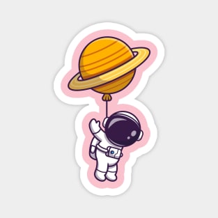 Cute Astronaut Floating With Planet Balloon In Space  Cartoon Magnet