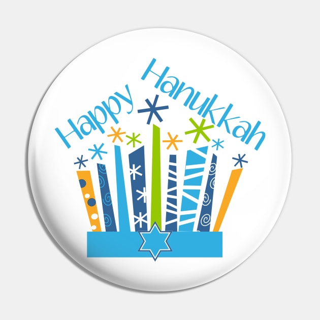 Happy Hanukkah Candles in Blue and Gold Pin by TNMGRAPHICS