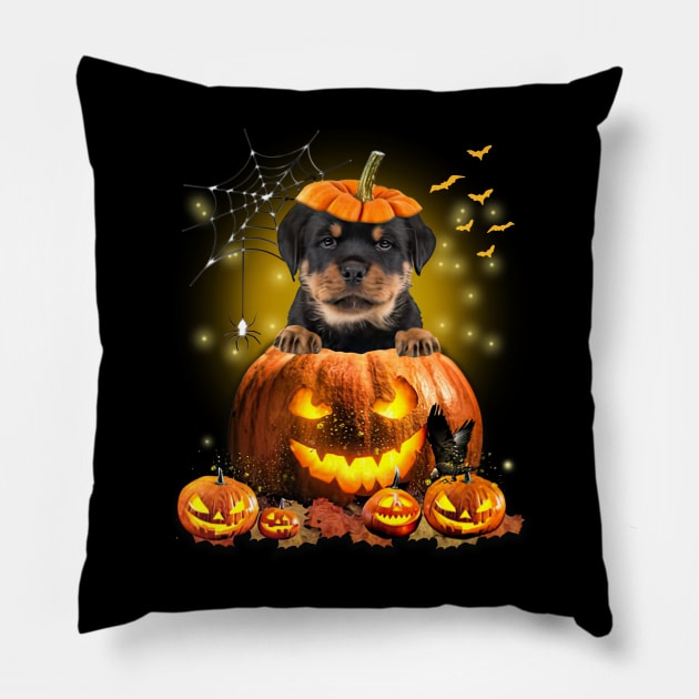 Rottweiler Spooky Halloween Pumpkin Dog Head Pillow by Mhoon 