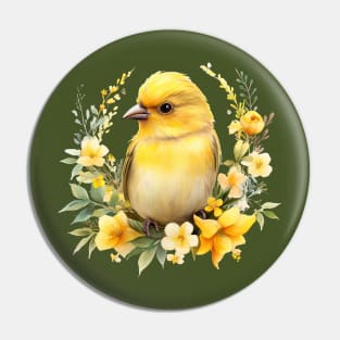 Cute Yellow Bird with Flowers Pin