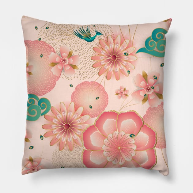 Elegant Floral Ornament, Spring Peach Garden, Decorative Pink Flowers, blossom sakuras pattern, Spring Dream Flying Peacock, Chinese Traditional background Vintage Pillow by sofiartmedia