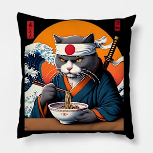 Samurai Cat Kanagawa Wave Pillow