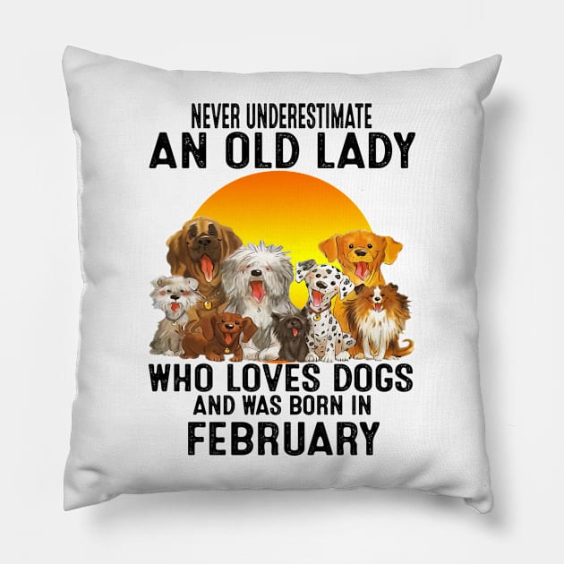 Never Underestimate An Old February Lady Who Loves Dogs Pillow by trainerunderline