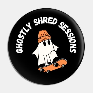 Ghostly shred sessions. Cute Halloween ghost skateboarding Pin