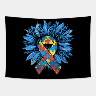Leopard Sunflower Puzzle Ribbon Autism Awareness Tapestry