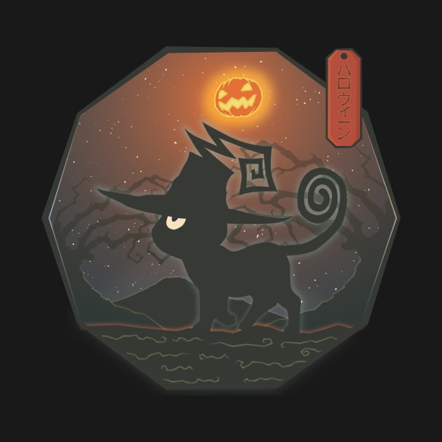 Japanese Halloween Cat with Pumpkin Moon -  Anime Neko by MythoCulture