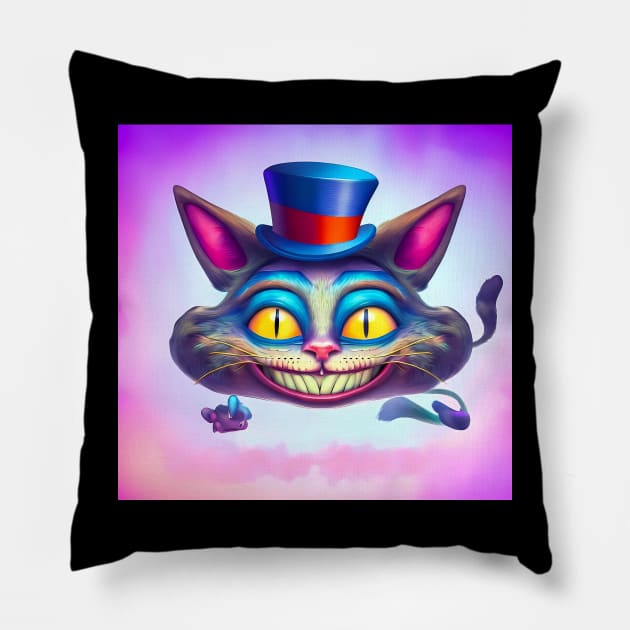 Alice in Wonderland Cheshire cat floating on pink clouds Pillow by The Universal Saint