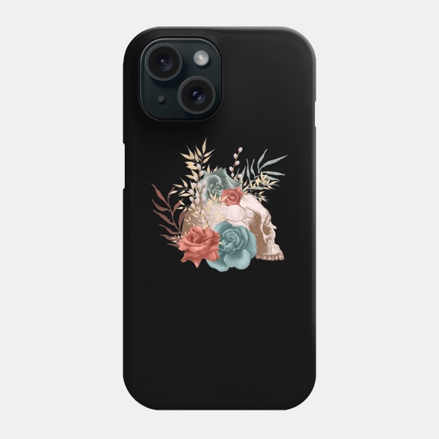 Skull with Floral Roses Phone Case by Kylie Paul