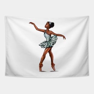 Ballerina in blue green dress, ballerina doing pirouette in duck egg coloured/coloured tutu  - brown skin ballerina Tapestry