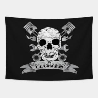 Vintage Mechanic Skull and Crossed Pistons Tapestry