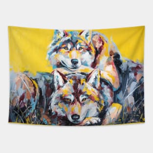 Oil wolf portrait painting in multicolored tones Tapestry