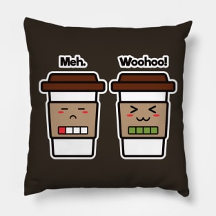 Meh. Woohoo! | Coffee Cup Friends | Charging | Low High Battery | Cute Kawaii | Dark Brown Pillow