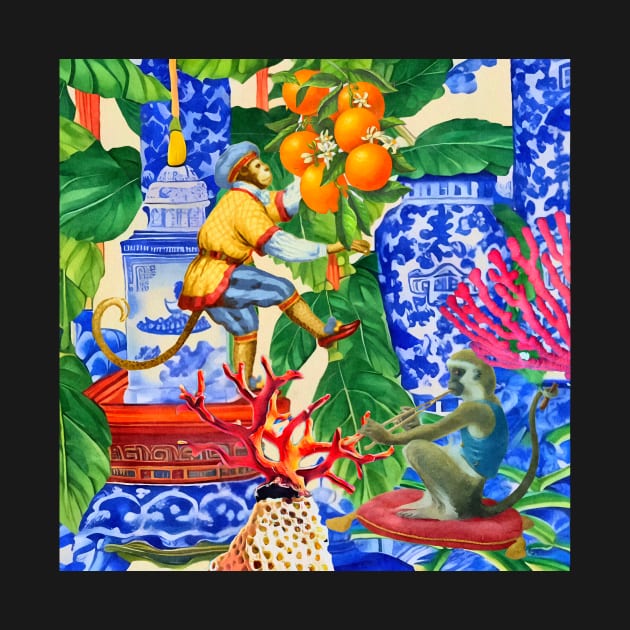 Monkey picking oranges chinoiserie watercolor by SophieClimaArt