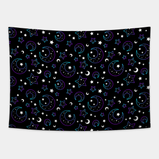 Mystical bright neon pattern with moon and stars Tapestry