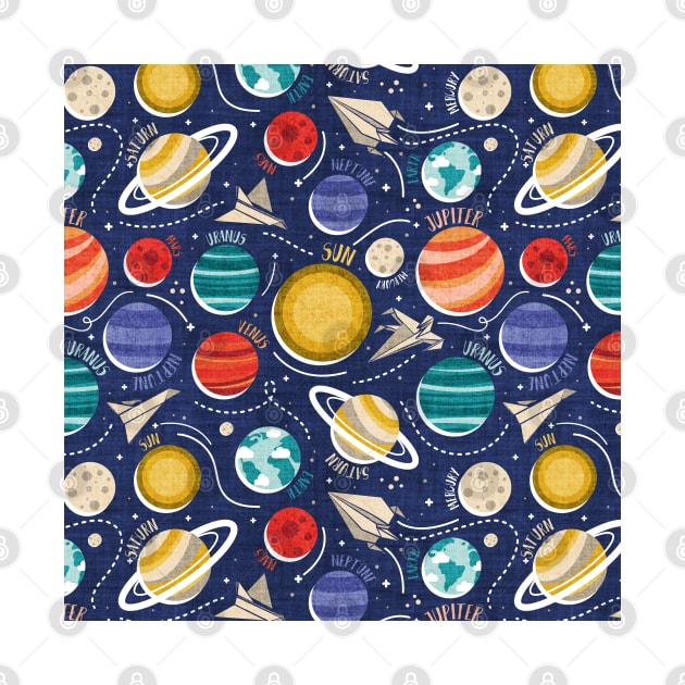 Paper space adventure I // pattern // navy blue background multicoloured solar system paper cut planets origami paper spaceships and rockets by SelmaCardoso