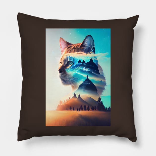 Galaxy Cat Double Exposure - Modern Digital Art Pillow by Ai-michiart