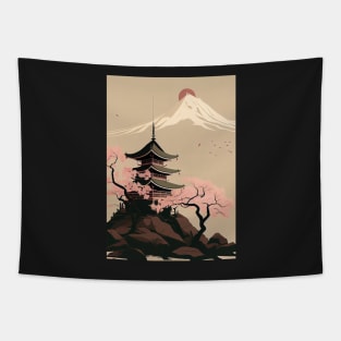 Serene Serenity: Minimal Japanese Temple, Cherry Blossoms and Mount Fiji Tapestry