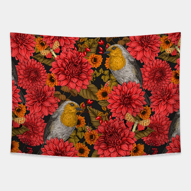 Robins in the autumn garden, red dahlias on black Tapestry by katerinamk