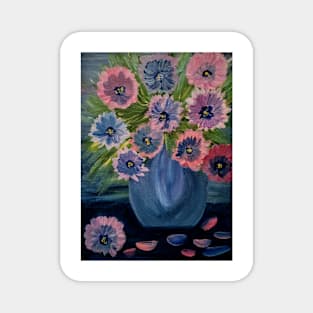 A lovely boutique of abstract metallic flowers in a blue vase . Magnet