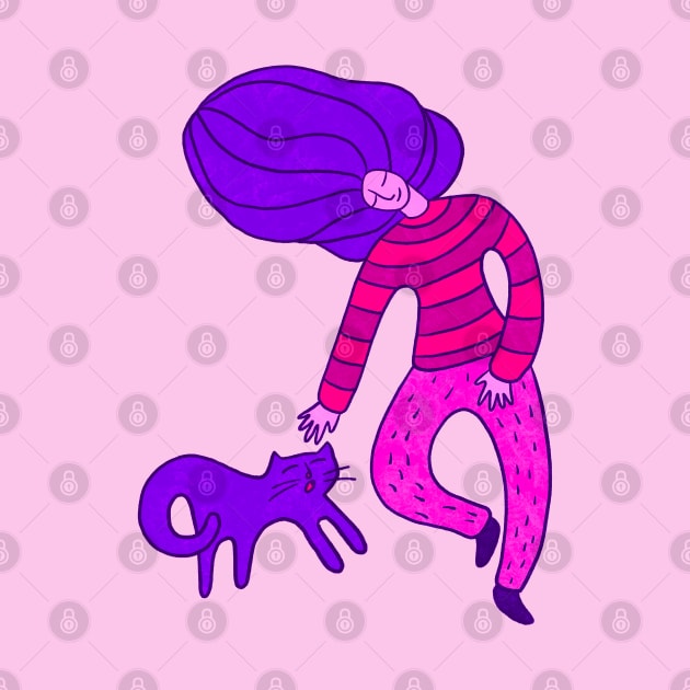 Cool girl with purple hair and purple cat walking, version 5 by iulistration