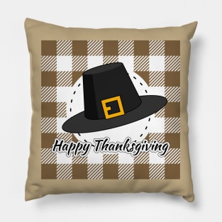 Black Pilgrim Hat on Brown Plaid - Happy Thanksgiving Pillow