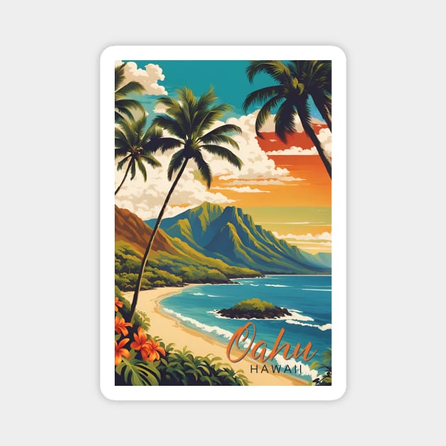 Oahu Hawaii Modern Travel Poster Vintage Style Magnet