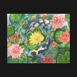 Koi Fishes in the pond of lilies and pebbles around the flower of life, a Japanese inspired watercolor painting with yin-yang concept T-Shirt