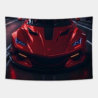 Dark Red Sports Car in Japanese Neon City Tapestry