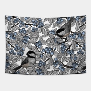 Chickadees on blueberry branches Tapestry