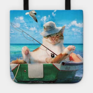 Cute Cat Fishing On Ocean Boat Tote