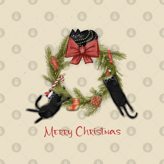 Merry Christmas - Black cats with Santa hat. by Olena Tyshchenko