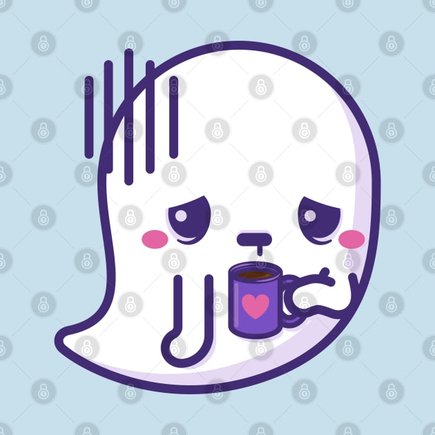 Tired kawaii ghost with coffee cup by Sugar & Bones