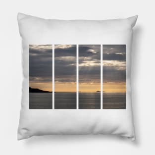 Wonderful landscapes in Norway. Vestland. Beautiful scenery of a cargo boat in the calm sea at the sunset in a cloudy day with sunrays through the clouds. Yellow sky Pillow