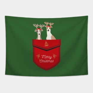 Greyhound Dog with Reindeer Ear Inside Red Festive Pocket with Merry Christmas Sign Tapestry