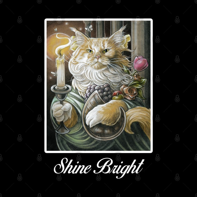 Candle Light Cat - Shine Bright Quote - White Outlined Version by Nat Ewert Art