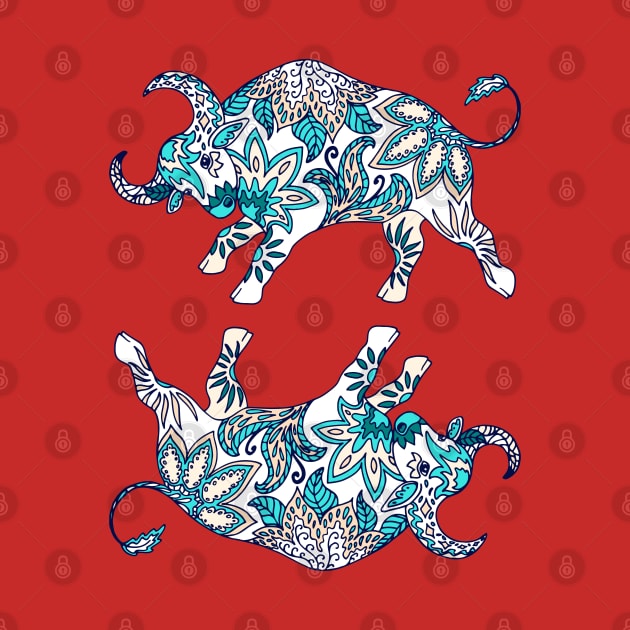 Paisley Oxen (Coral and Teal Palette) by illucalliart