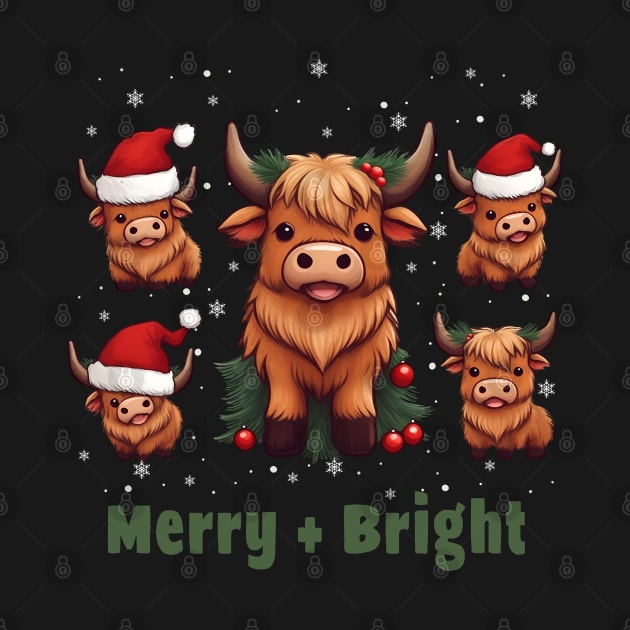Cute Highland Cow Christmas Merry and Bright, Scottish, Cow Xmas Farmer, Christmas sweater with cute Highland Cow by Collagedream