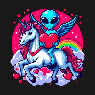 Funny Valentine Day Believer Ufo Alien Riding Unicorn T-Shirt