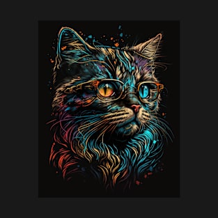 Retro Cat Art Wearing Glasses Splash Abstract Vibe Watercolor Vintage T-Shirt