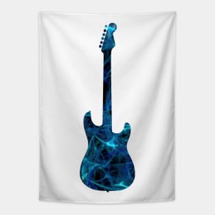 Blue Flame Guitar Silhouette on Black Tapestry